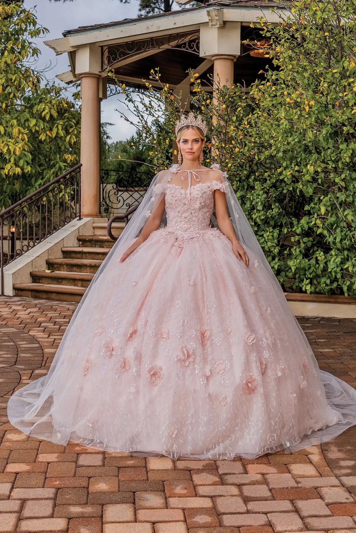 Back view of a Light Blush quinceañera gown showing lace-up back, sheer sleeves, and layered tulle skirt