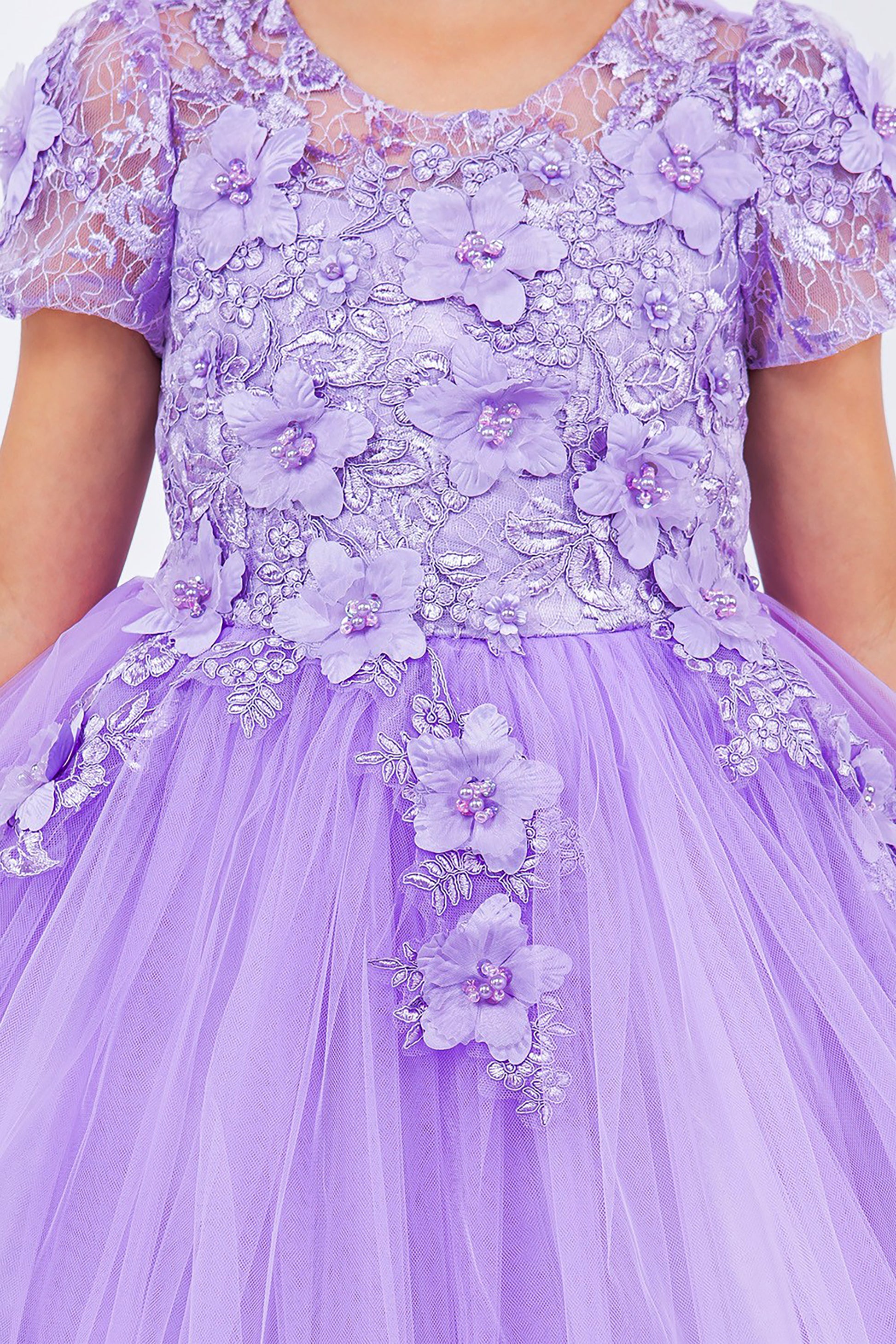 Lilac Embedded 3D Floral Flower Girl Dress | Cap sleeve Wired Tulle Flower Girl Dress - zoomed in front view of dress showing flower pattern