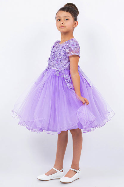 Lilac Embedded 3D Floral Flower Girl Dress | Cap sleeve Wired Tulle Flower Girl Dress - front view of girl wearing dress with hands at sides