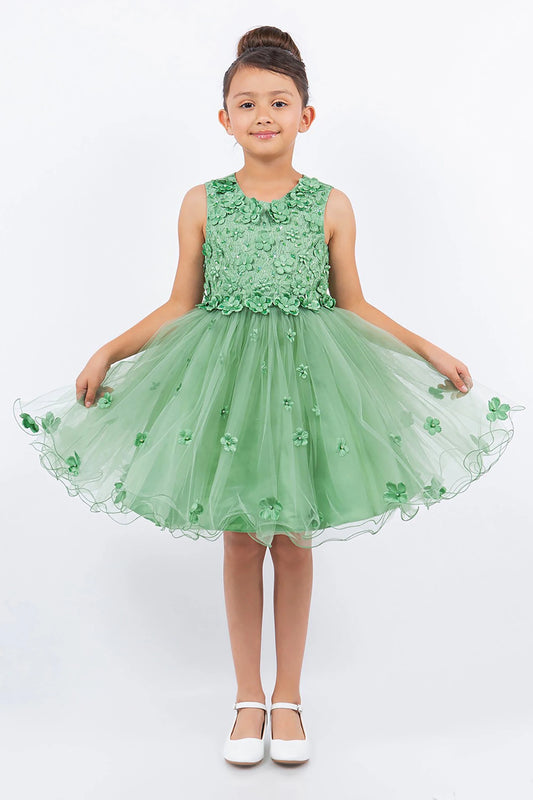 Young girl wearing a sage floral dress on a white background