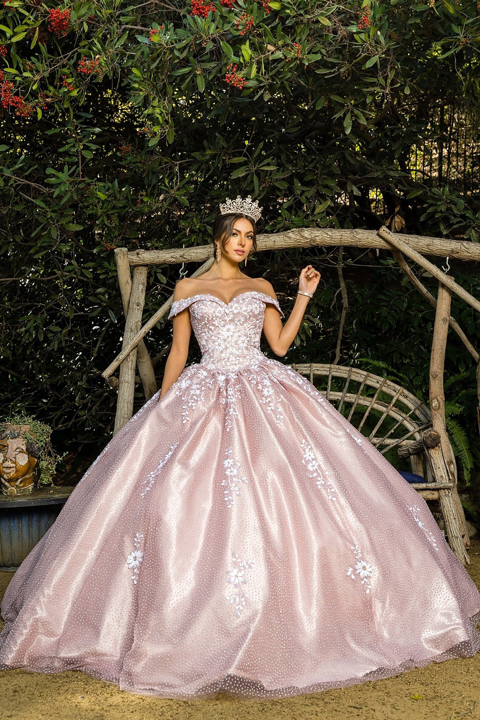 Quinceanera | Dusty Rose Elegant Lace Off-Shoulder Sweetheart Gown with Embossed Tulle, Satin Train, and Two-Tone Sequin Flower Appliqué | Gabriela dress | 2 Colors  front