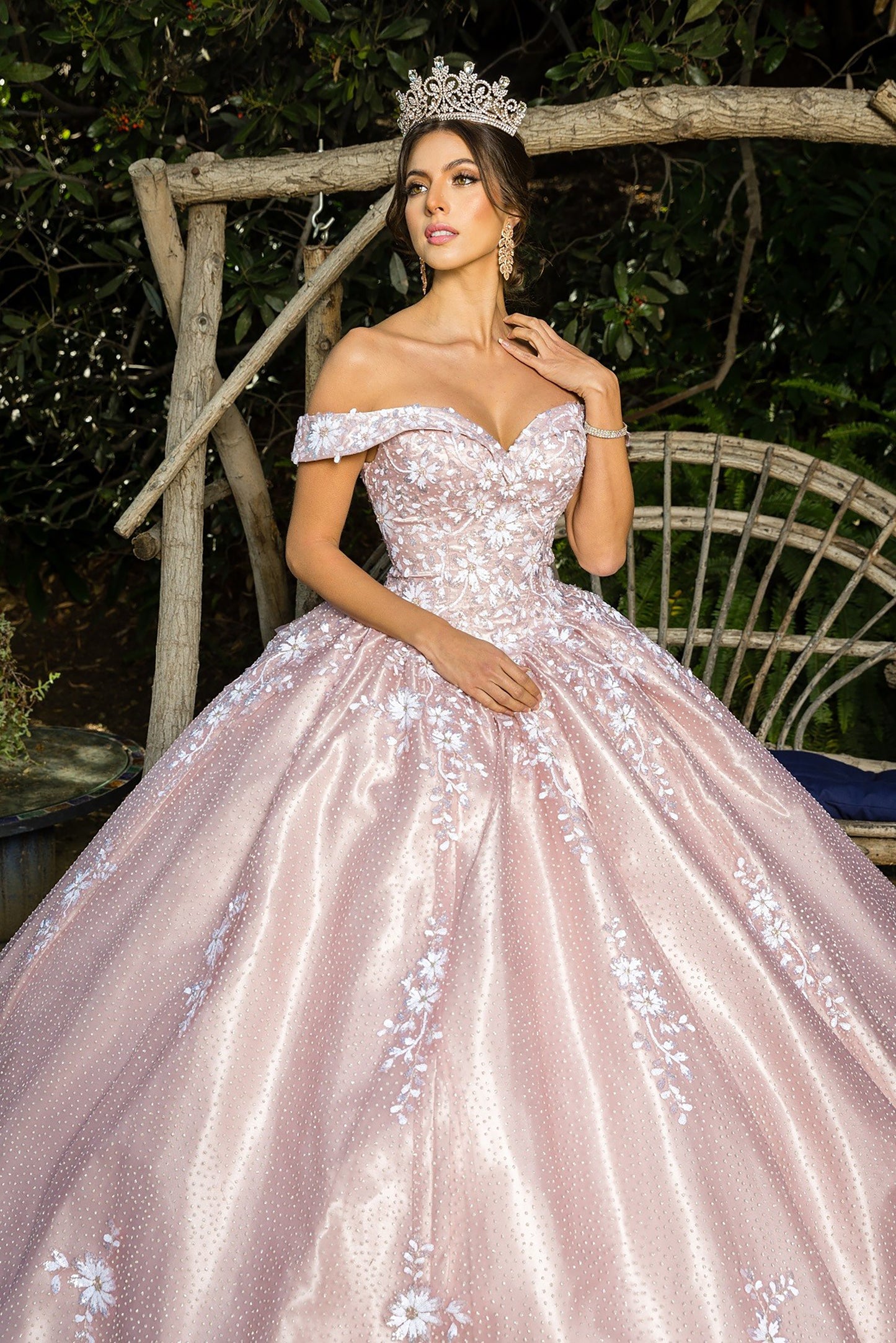 Quinceanera | Dusty Rose Elegant Lace Off-Shoulder Sweetheart Gown with Embossed Tulle, Satin Train, and Two-Tone Sequin Flower Appliqué | Gabriela dress | 2 Colors  front zoom