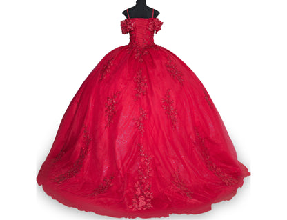 Quinceanera | Red 3D Floral Sequin Appliqué with Glitter Lace Train Sweet 15 Ball Gown | Adriana dress | 3 Colors Available back