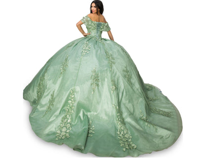 Sage Quinceanera | 3D Floral Sequin Applique Glitter Lace Train Quinceneara ball gown - back view of woman wearing dress looking over her shoulder at the camera