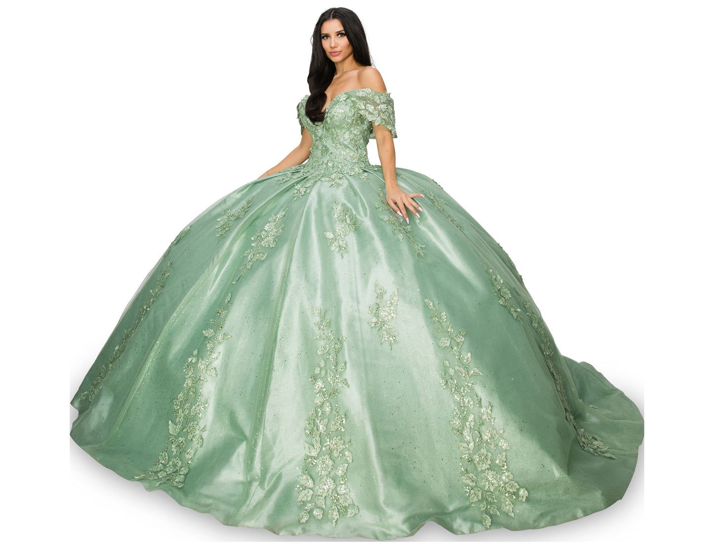 Sage Quinceanera | 3D Floral Sequin Applique Glitter Lace Train Quinceneara ball gown - front view of woman wearing dress looking into the camera