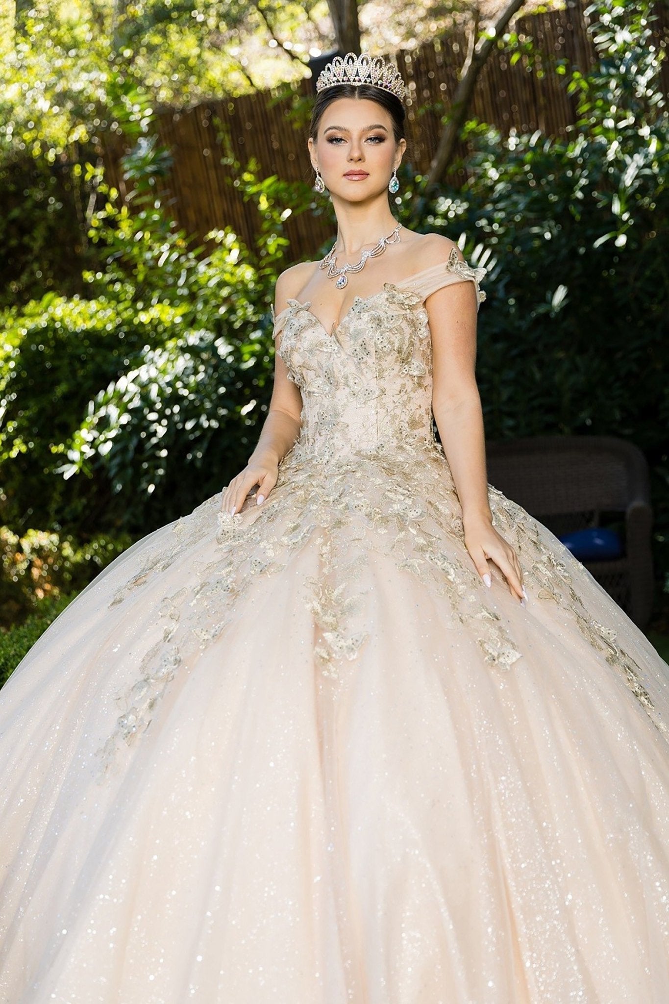Champagne Quinceañera Dress with Butterfly Embroidered Glitter M / Champagne