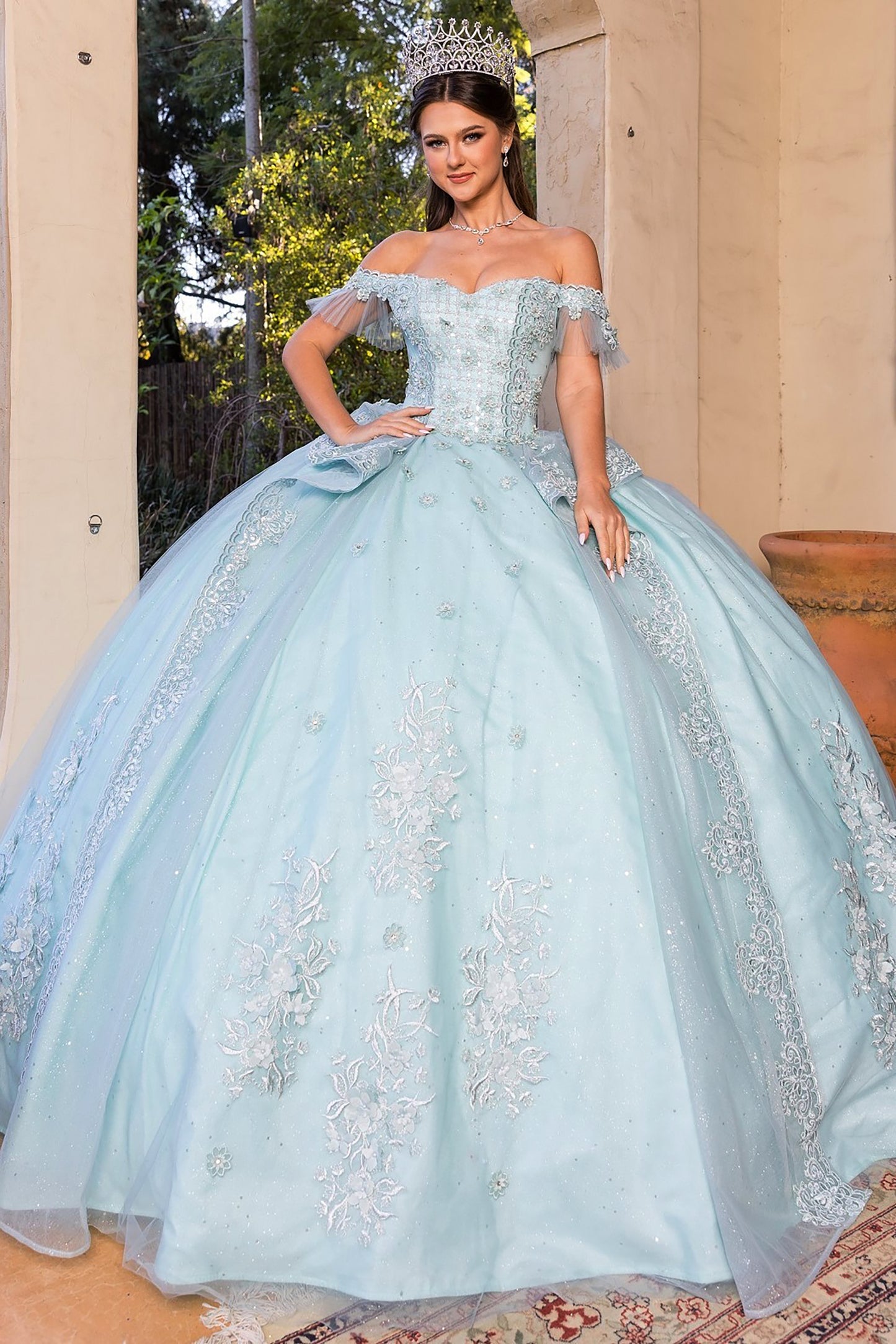 Quinceanera | Aqua Blue Off-shoulder Beaded, Embroidered Glitter Lace Tulle Long Train Ballgown | Romina dress | 2 Colors Available front with tiara