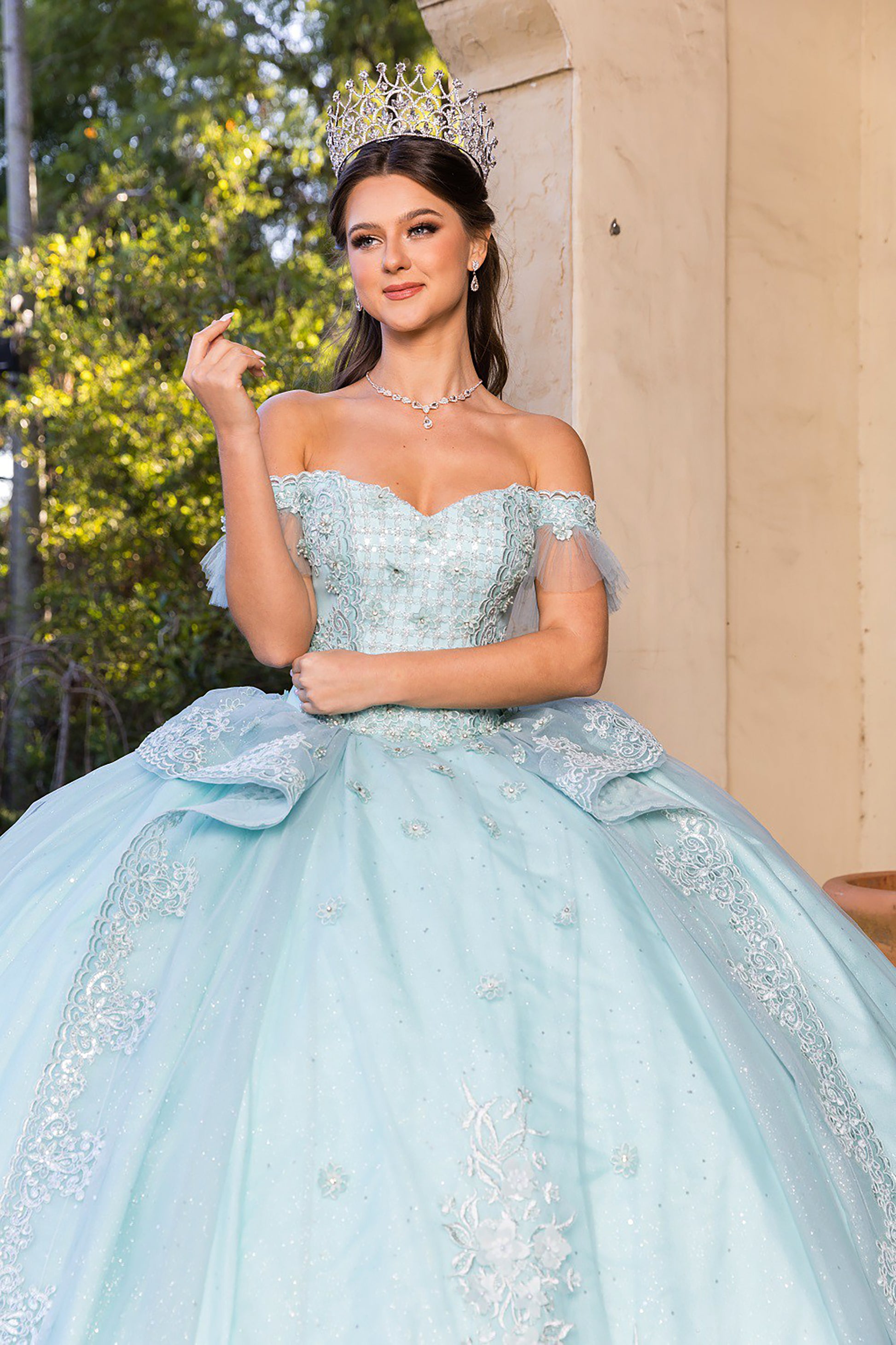 Quinceanera | Aqua Blue Off-shoulder Beaded, Embroidered Glitter Lace Tulle Long Train Ballgown | Romina dress | 2 Colors Available front zoom