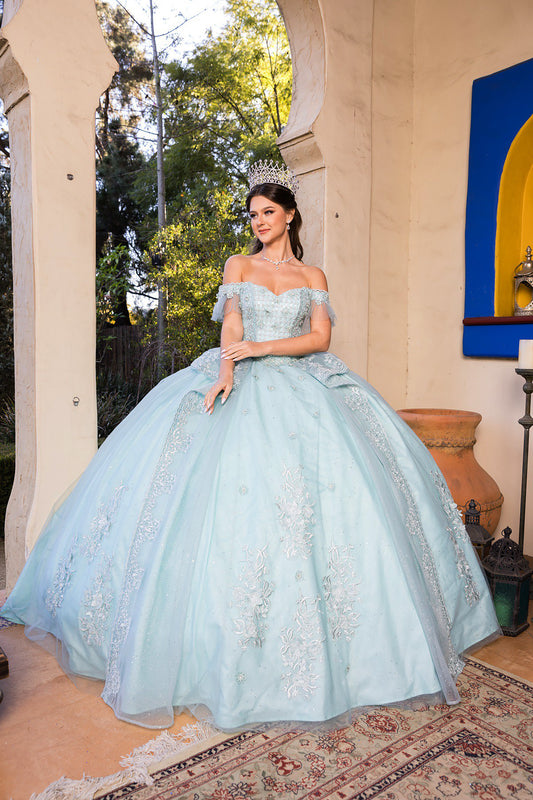 Quinceanera | Aqua Blue Off-shoulder Beaded, Embroidered Glitter Lace Tulle Long Train Ballgown | Romina dress | 2 Colors Available front