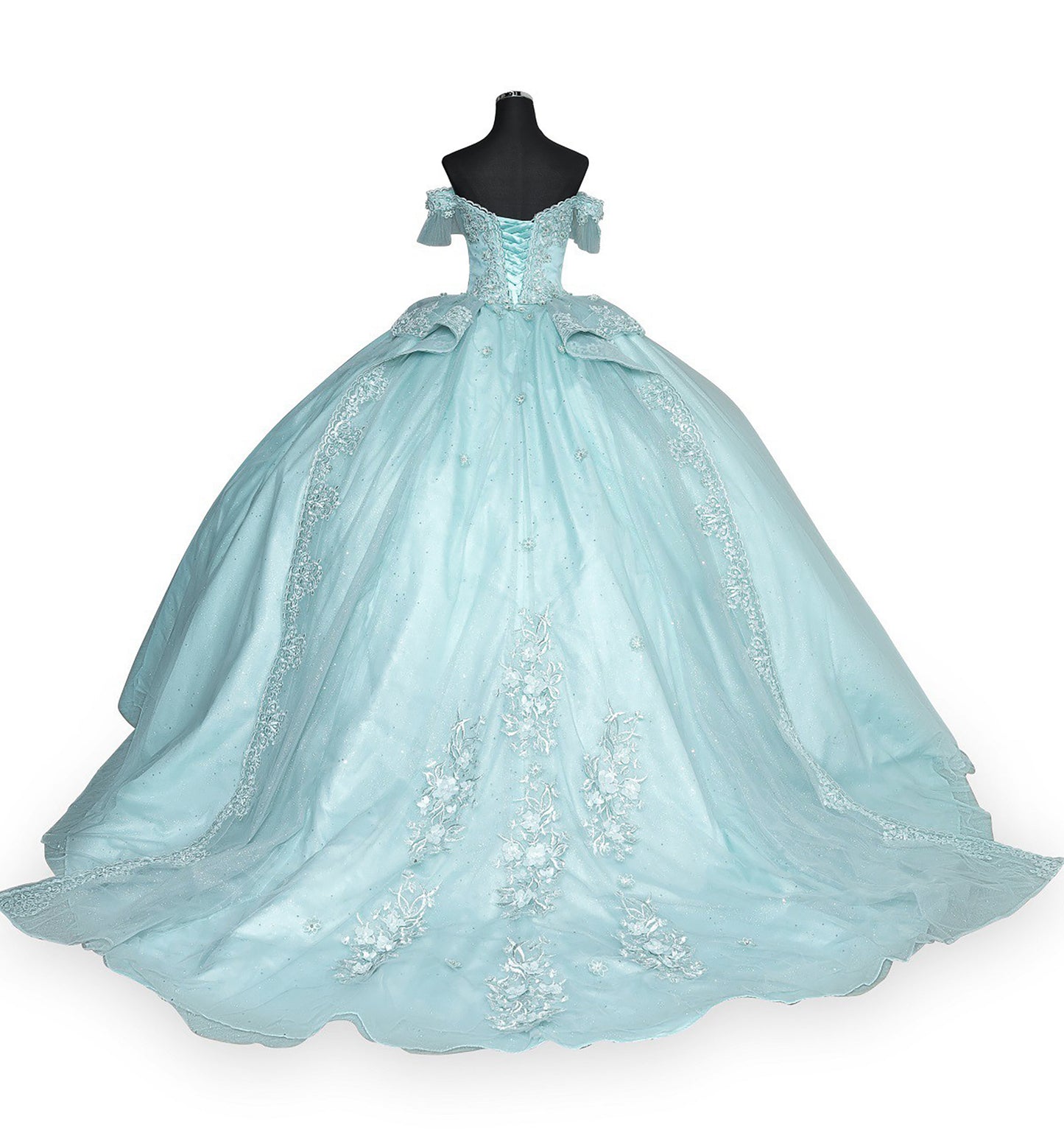 Quinceanera | Aqua Blue Off-shoulder Beaded, Embroidered Glitter Lace Tulle Long Train Ballgown | Romina dress | 2 Colors Available back of the dress