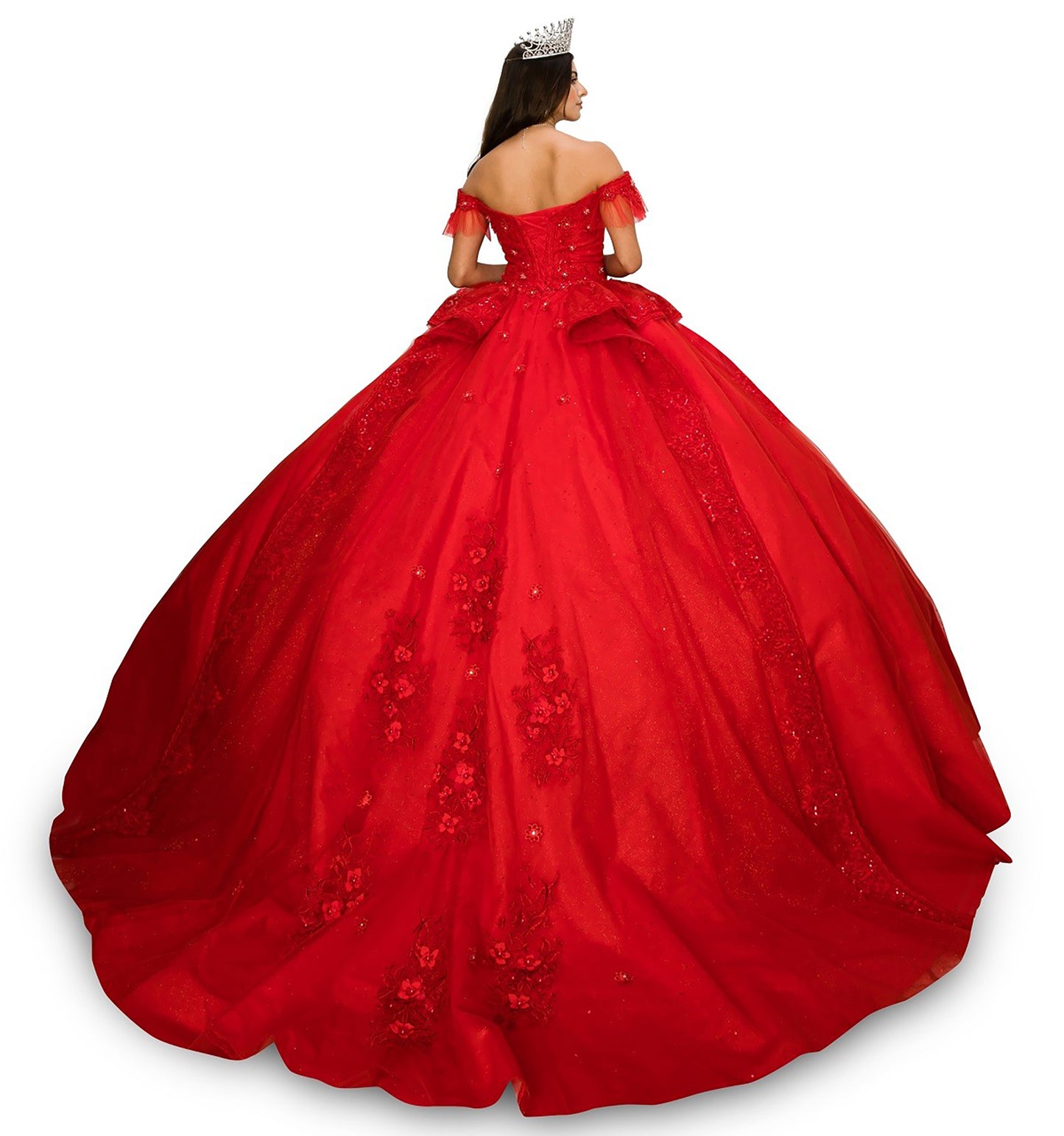 Quinceanera | Red Off-shoulder Beaded, Embroidered Glitter Lace Tulle Long Train Ballgown | Romina dress | 2 Colors Available back