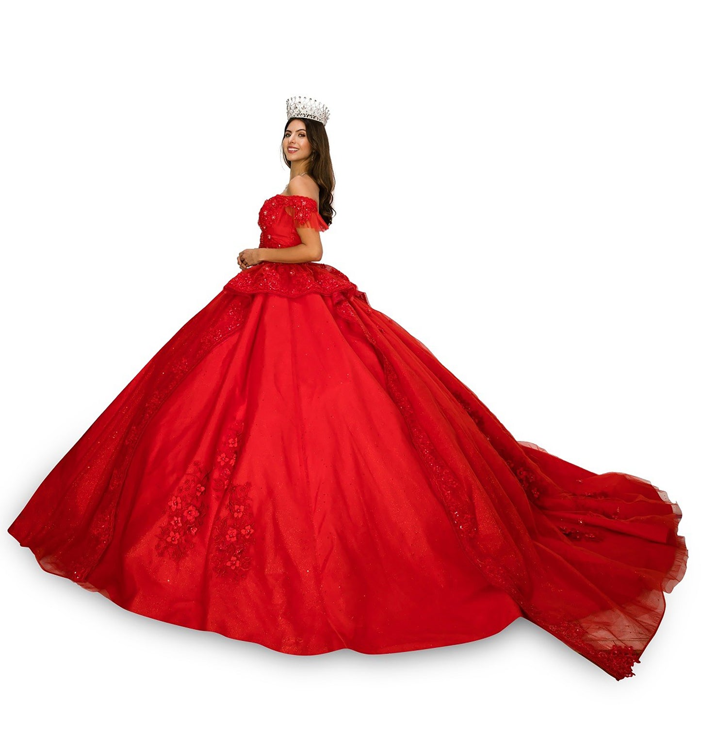 Quinceanera | Red Off-shoulder Beaded, Embroidered Glitter Lace Tulle Long Train Ballgown | Romina dress | 2 Colors Available side