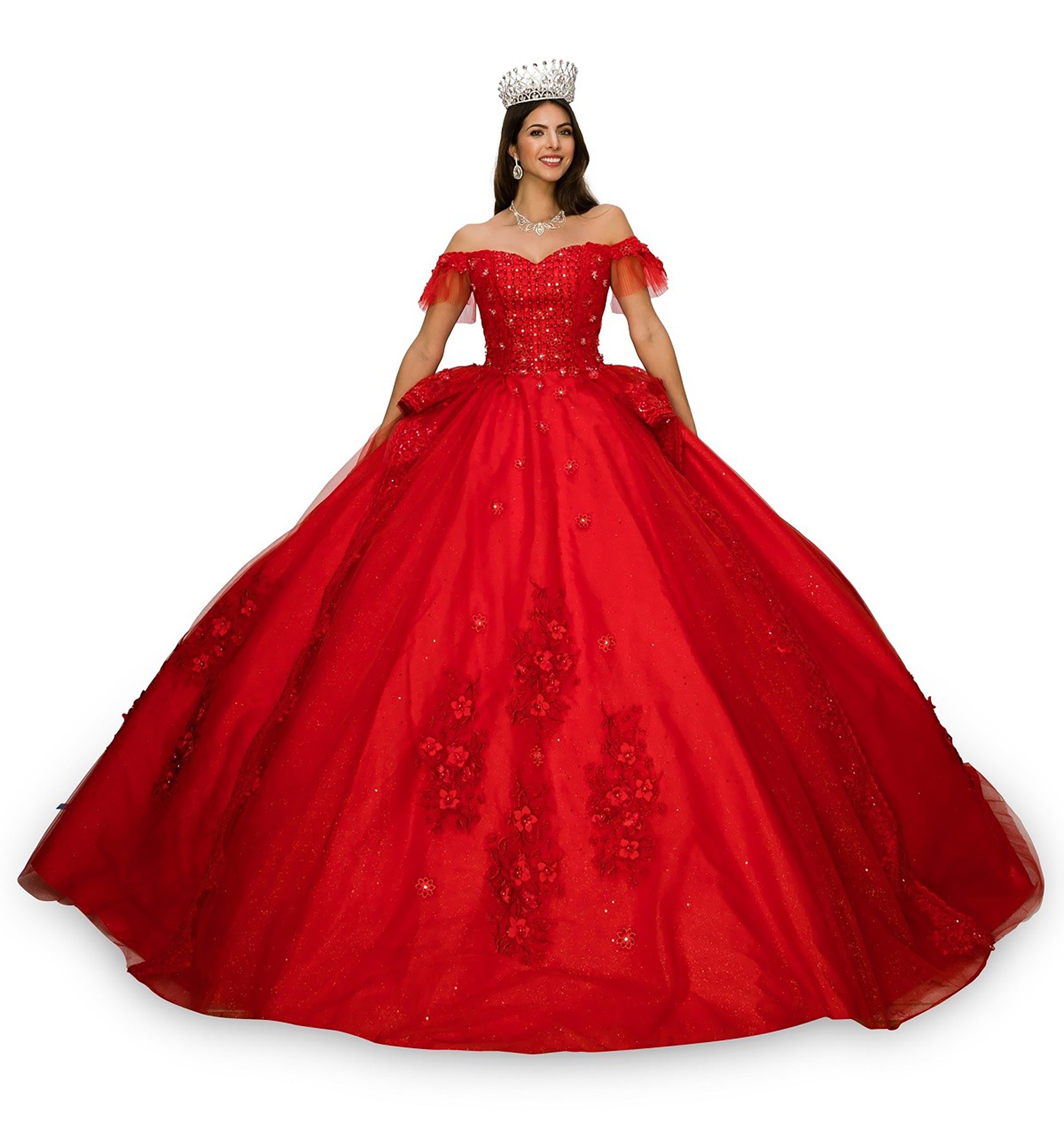 Quinceanera | Red Off-shoulder Beaded, Embroidered Glitter Lace Tulle Long Train Ballgown | Romina dress | 2 Colors Available front