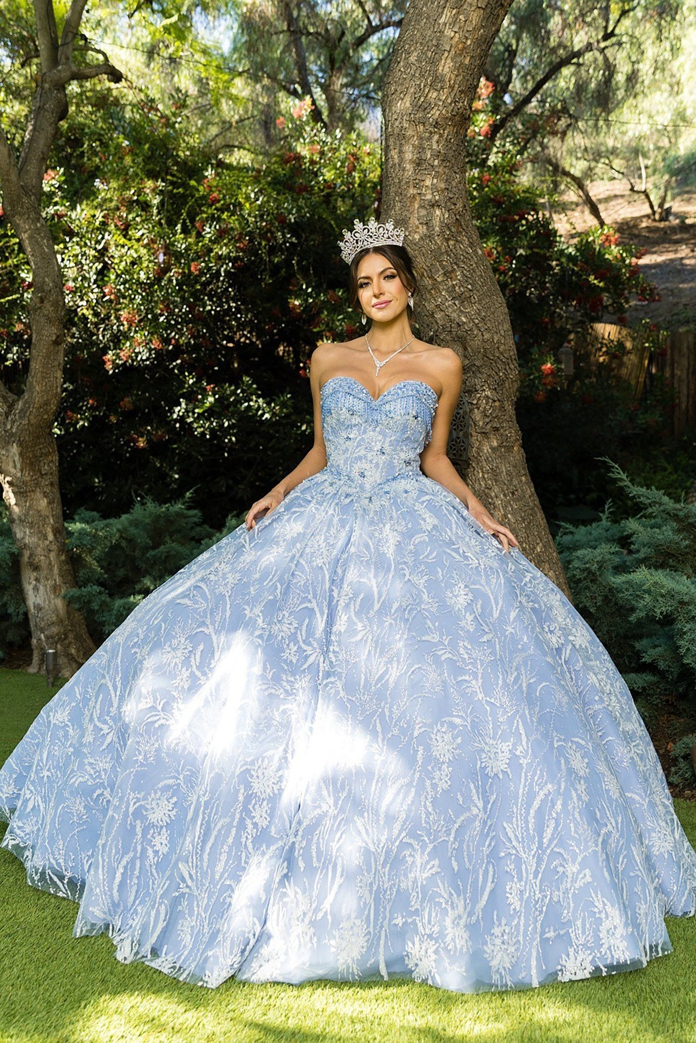 Dusty Blue Quinceañera Dress with Rhinestone Appliqué Tulle – American Stride