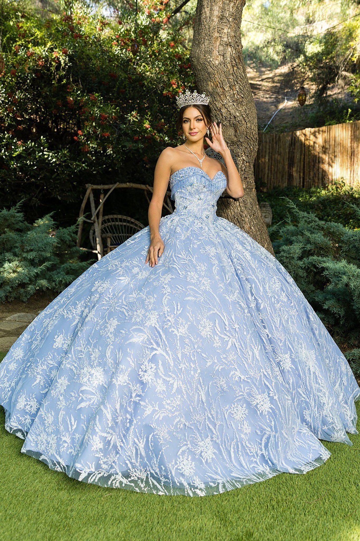 light blue quince dress LaDivine by Cinderella Divine Quinceaera 15719 Ball Gown Style Fabric 15715 STRAPLESS LAYERED BALL GOWN