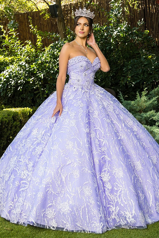 Quinceanera | Lilac Off-Shoulder Rhinestone Beaded Appliqué Glitter Tulle Gown | Juana Dress | 2 Colors Available side front