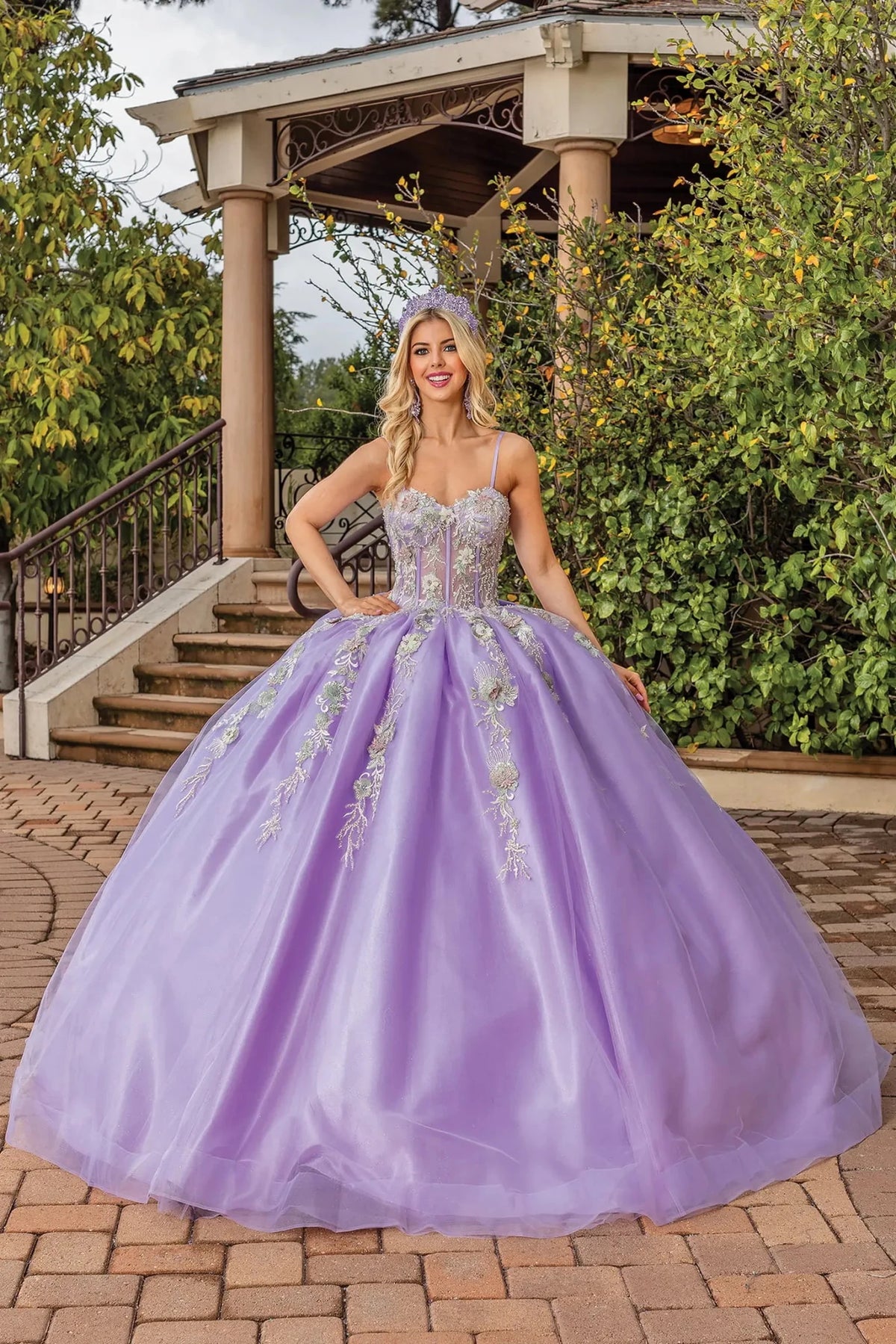 Front view of a Lilac quinceañera gown with floral embroidery
