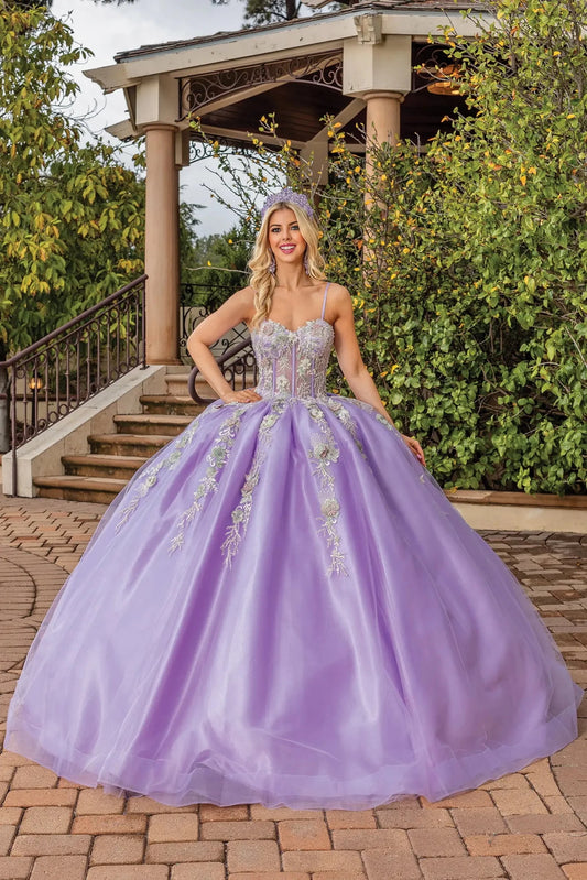 Front view of a Lilac quinceañera gown with floral embroidery