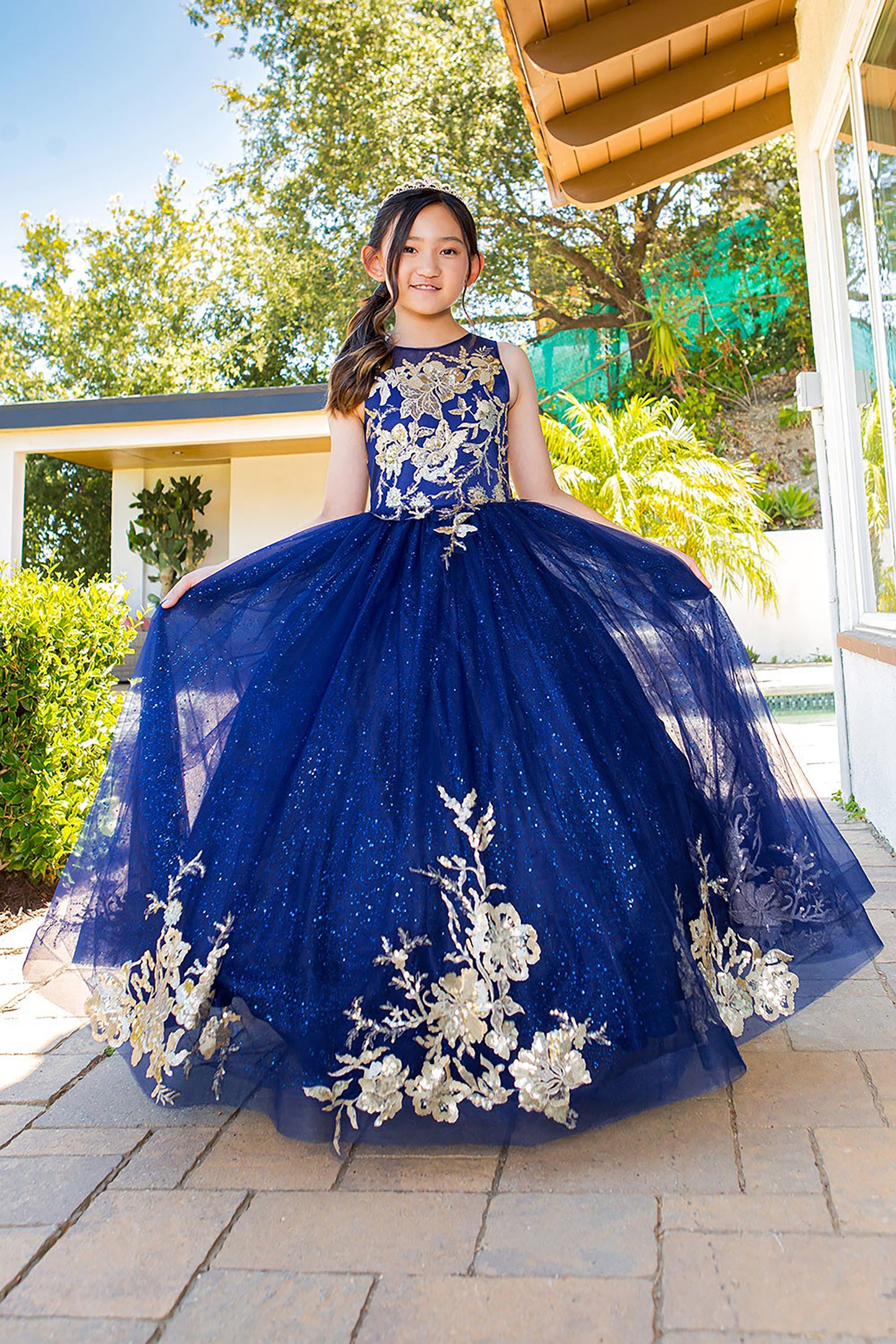 Mini Quince | Navy Luxurious Glittery Tulle Full Length 3 Anos Mini Quinceanera Dress | Renata Dress | 3 Colors Available front