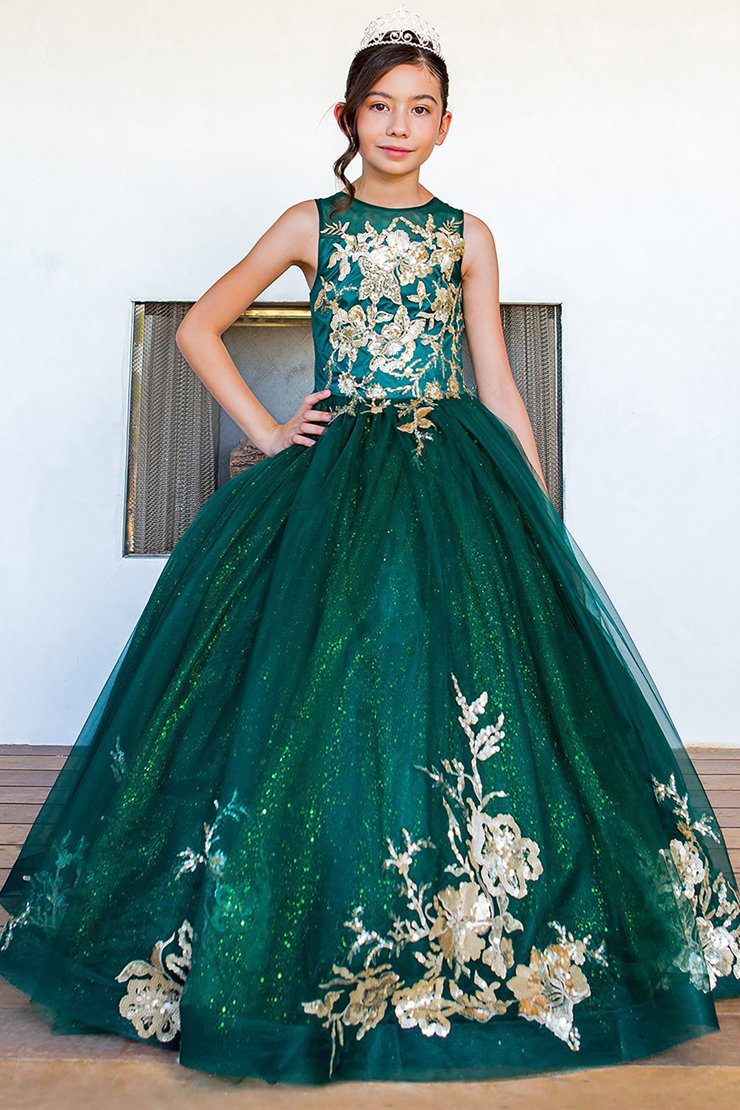 Mini Quince | Hunter Green Luxurious Glittery Tulle Full Length 3 Anos Mini Quinceanera Dress | Renata Dress | 3 Colors Available front