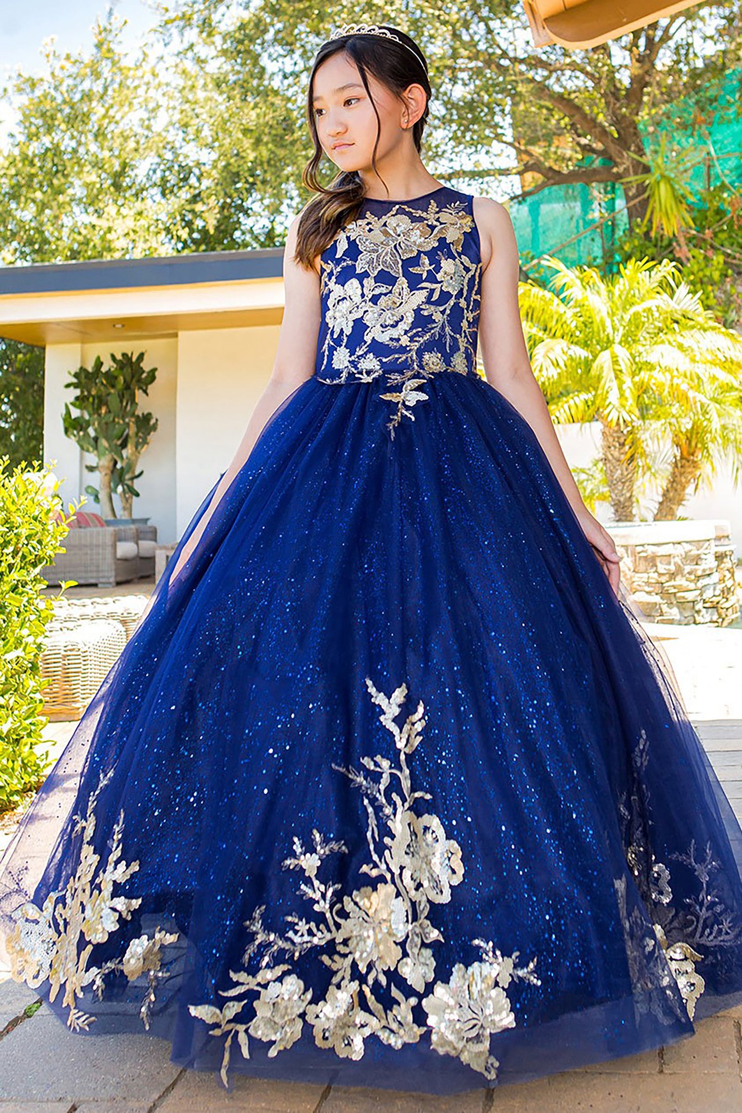 Mini Quince | Navy Luxurious Glittery Tulle Full Length 3 Anos Mini Quinceanera Dress | Renata Dress | 3 Colors Available front with tiara