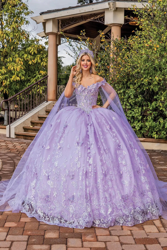 Showing floral appliqués and sheer shoulder drapes, this Lilac quinceañera ball gown is shown in full view.