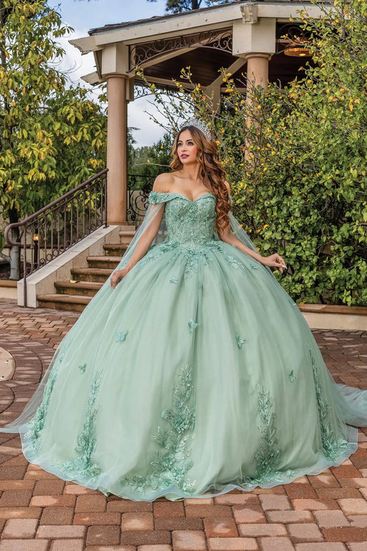 Front view of a Sage quinceañera gown with off-the-shoulder neckline and floral embroidery
