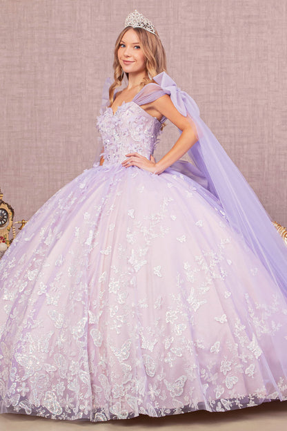 Quinceañera | Lilac Jewel Glitter Quince Dress Ballgown with Long Mesh Layer and Ribbons standing side view