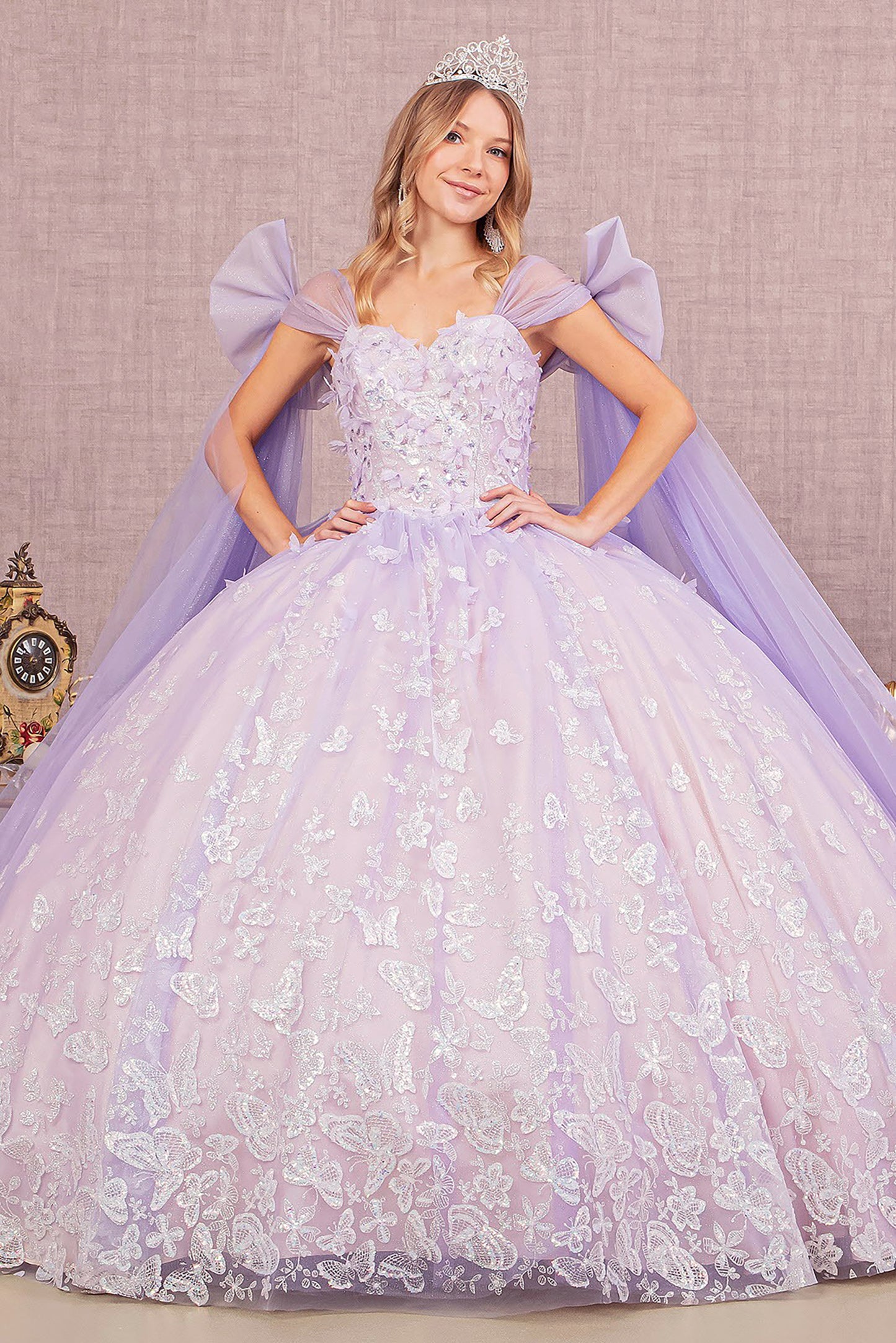 Quinceañera | Lilac Jewel Glitter Quince Dress Ballgown with Long Mesh Layer and Ribbons  front view