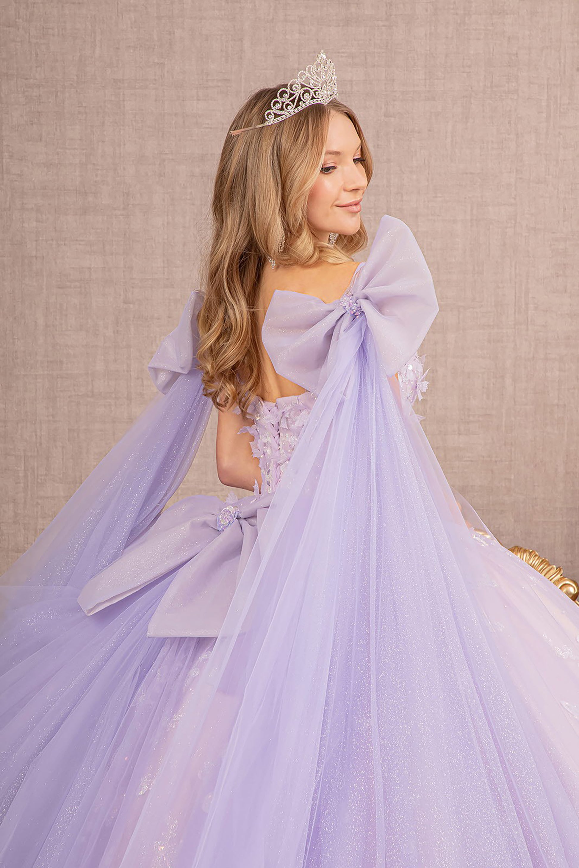 Quinceañera | Lilac Jewel Glitter Quince Dress Ballgown with Long Mesh Layer and Ribbons  top zoom side view