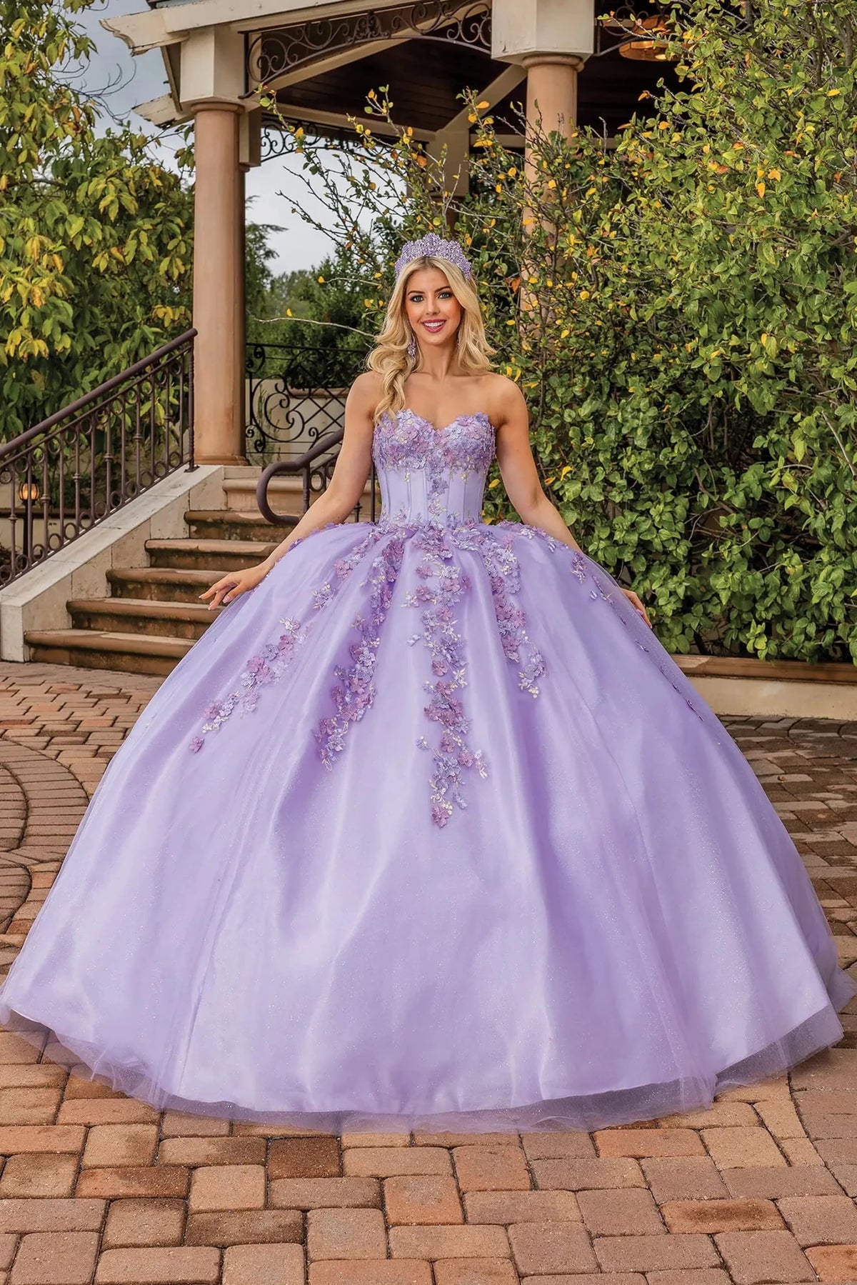 Front view of a Lilac quinceañera gown with sheer corset bodice