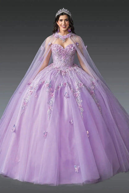 Front view of a lilac quinceañera ball gown with sweetheart corset bodice, crystal embellishments, butterfly appliqués, sheer tulle cape overlay, and a voluminous skirt.