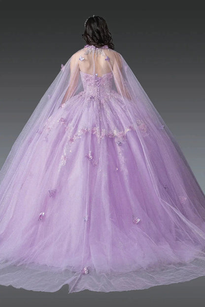 Back view of a lilac quinceañera ball gown featuring a lace-up corset back, sheer tulle cape with butterfly appliqués, glitter tulle skirt, and full flowing train.