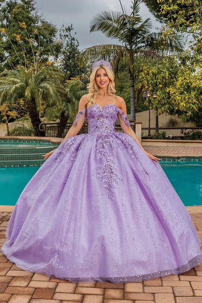 Front view of a lilac off-shoulder quinceañera ball gown with embellished corset bodice, sparkling beadwork, glitter tulle skirt, and a full princess silhouette by the poolside.
