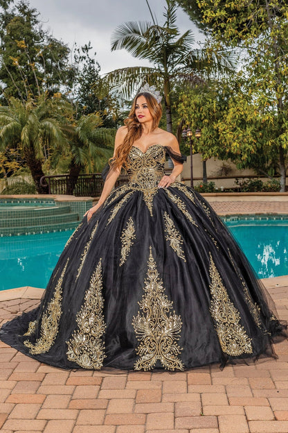 Dancing Queen 1839 Long Quinceanera Dress Black/Gold / XLarge Dancing Queen 1839 Long Quinceanera Dress Black/Gold / XLarge