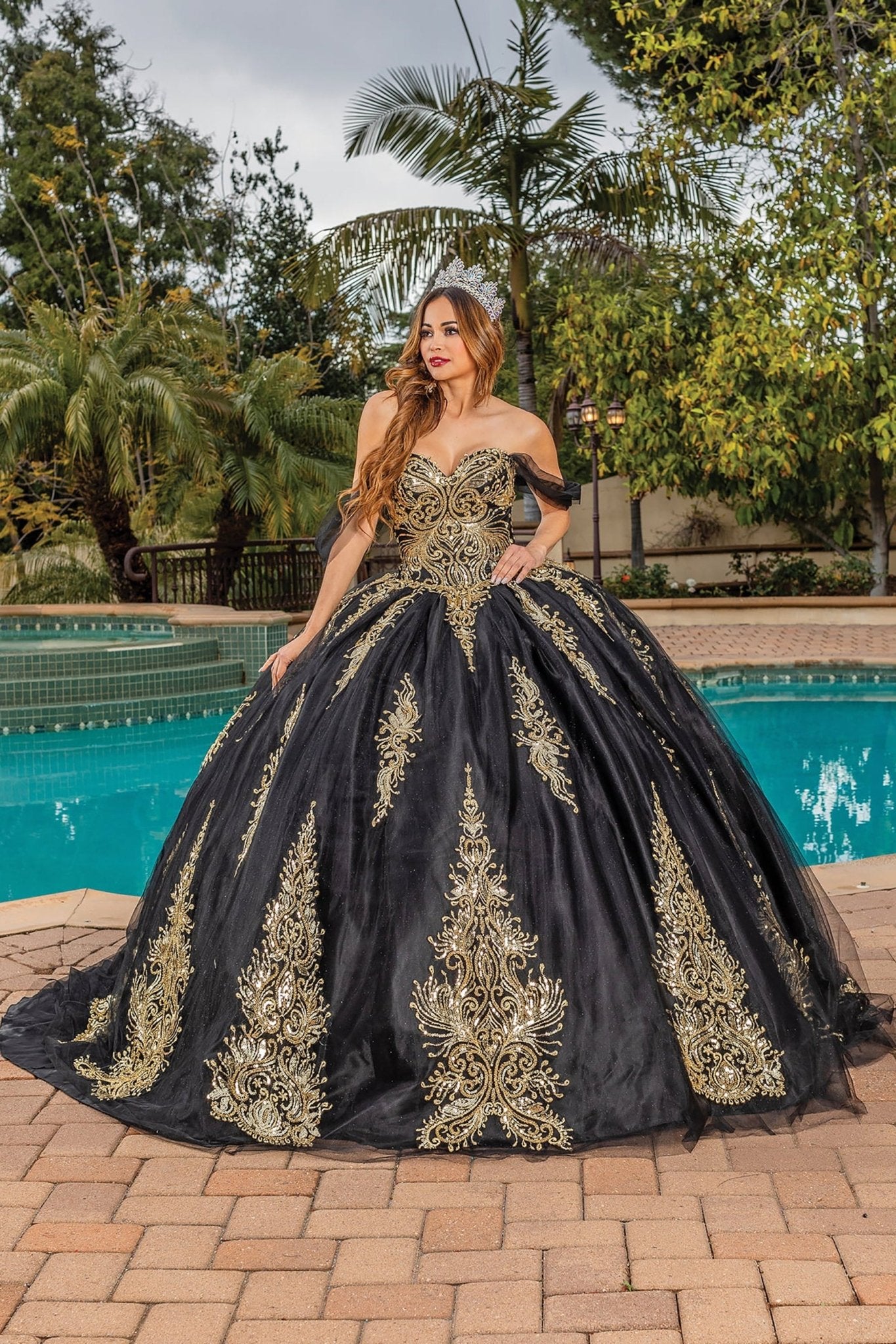 Black Gold Embroidered Bodice with Sheer Long Sleeves Quince Ballgown Dress - Front view of woman wearing dress and a crown