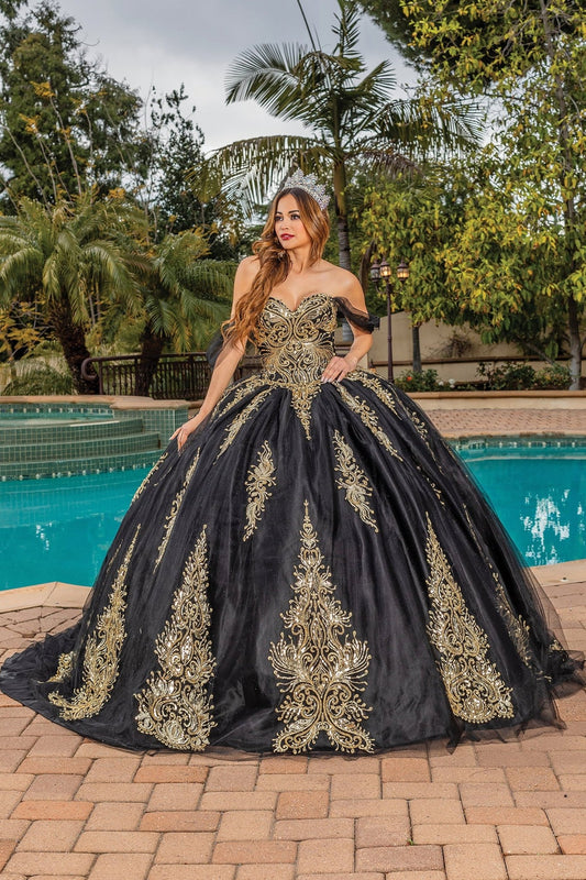 Black Gold Embroidered Bodice with Sheer Long Sleeves Quince Ballgown Dress - Front view of woman wearing dress and a crown