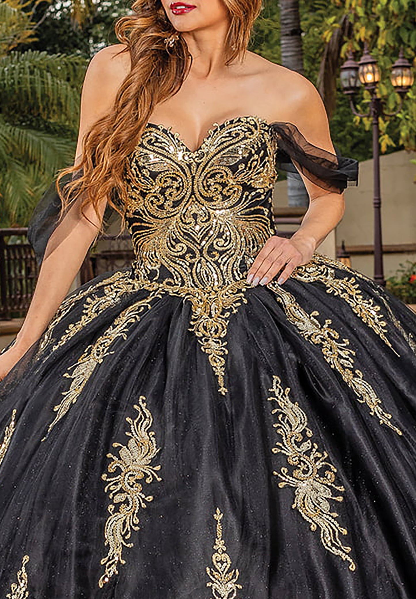 Black Gold Embroidered Bodice with Sheer Long Sleeves Quince Ballgown Dress - zoomed in front view of dress