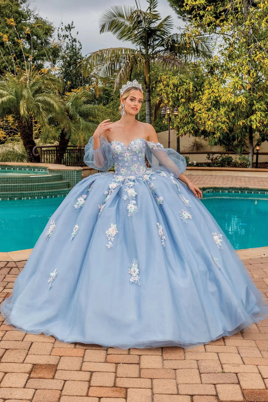 Front view of an Ice Silver quinceañera gown with off-the-shoulder neckline, sheer sleeves, and floral embroidery
