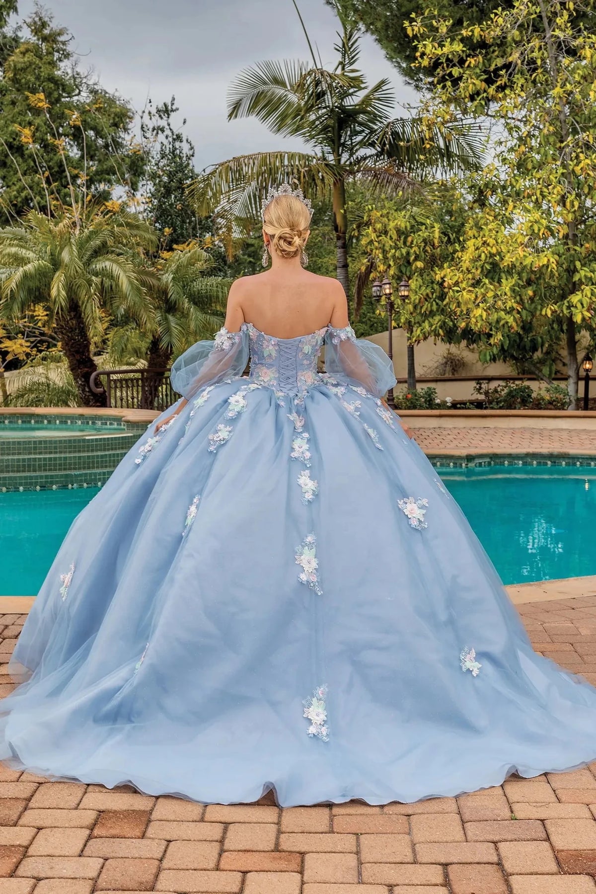 Back view of an Ice Silver quinceañera gown showing lace-up back, sheer sleeves, and floral embroidery