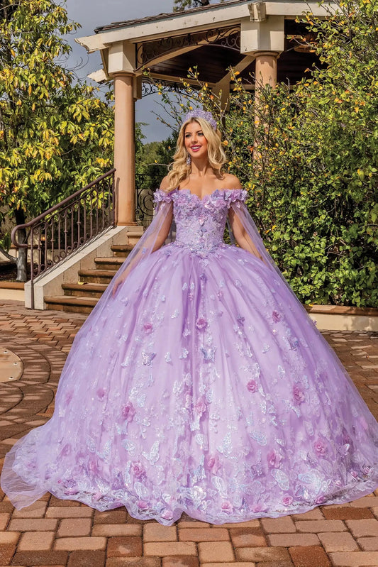 Front portrait of a Lilac quinceañera gown with off-the-shoulder neckline and floral appliqués