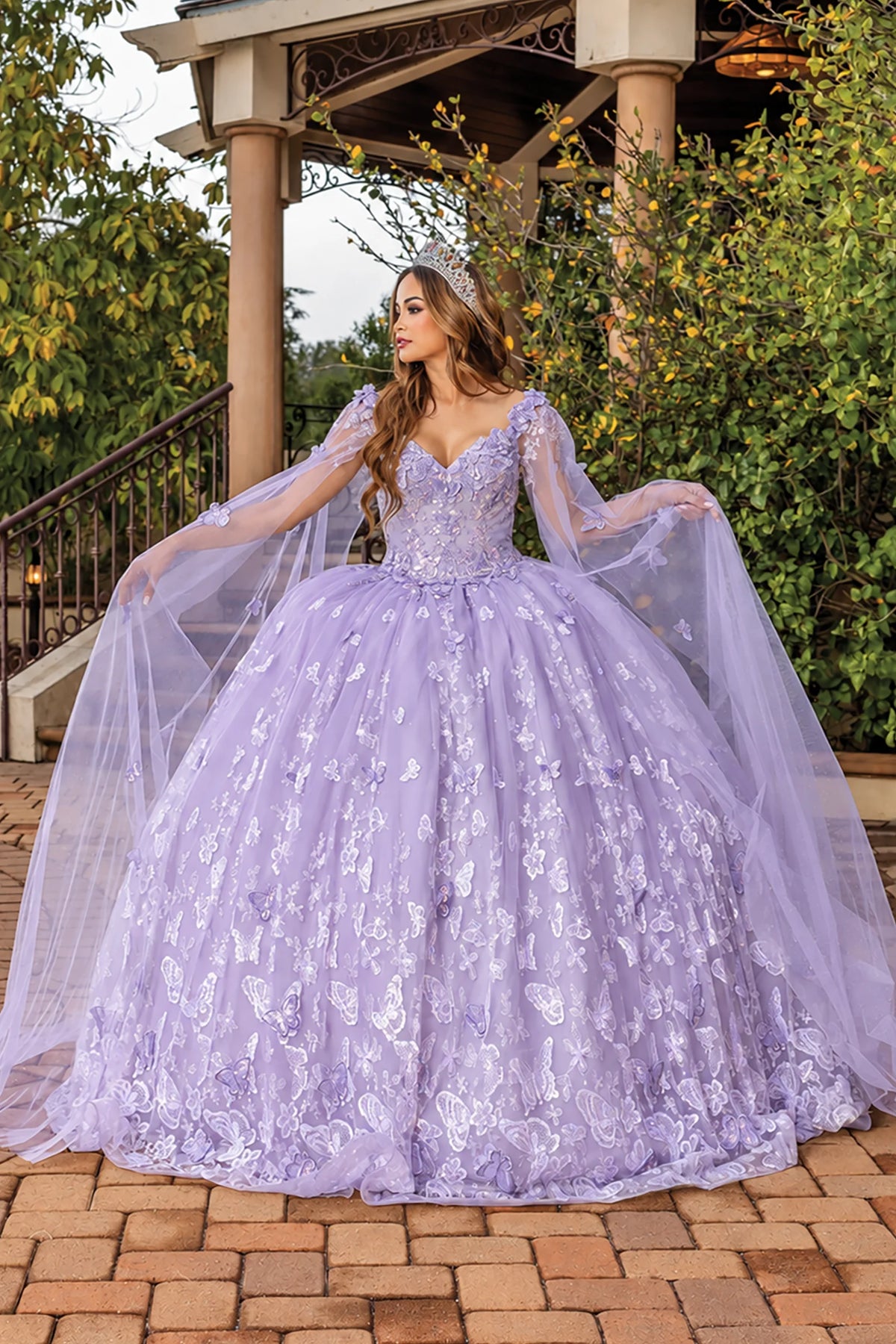 Lilac butterfly appliqué quinceanera dress, full front view