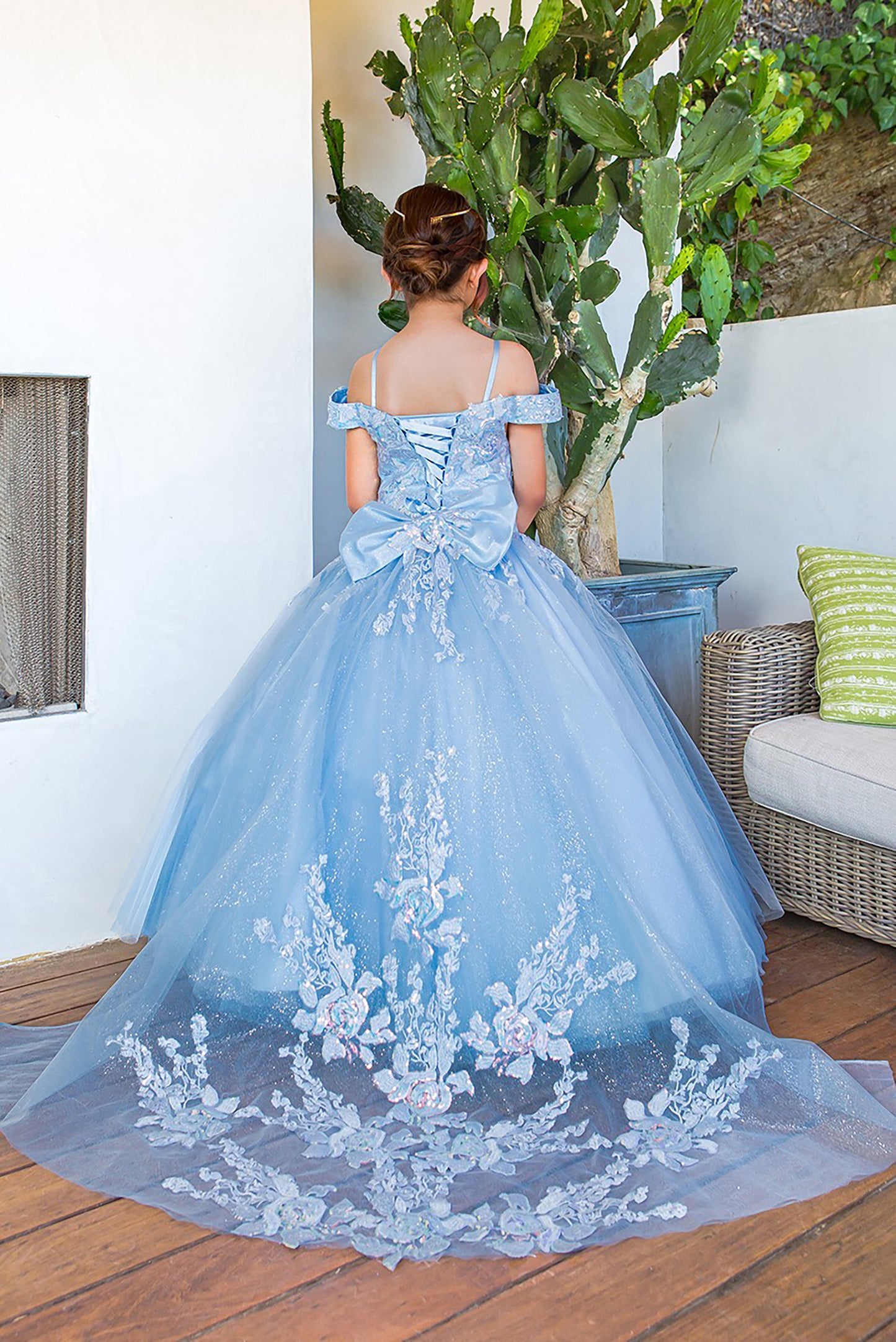 Mini Quince | Blue Off-Shoulder Top with 3D Floral Accents & Puffy Tulle Skirt with Long Train | Freya dress | 3 Colors Available back