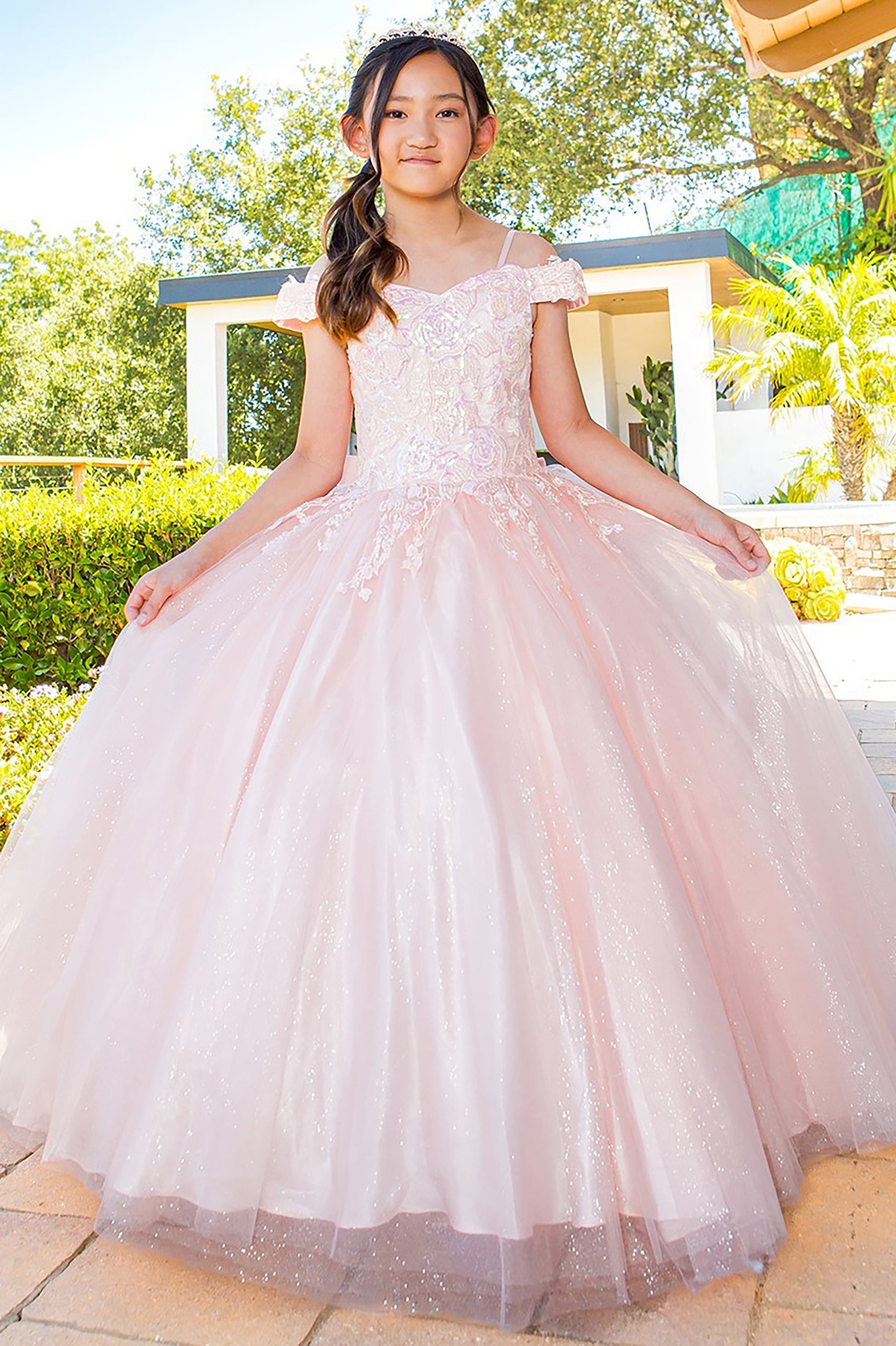 Mini Quince | Blush Off-Shoulder Top with 3D Floral Accents & Puffy Tulle Skirt with Long Train | Freya dress | 3 Colors Available front whole view