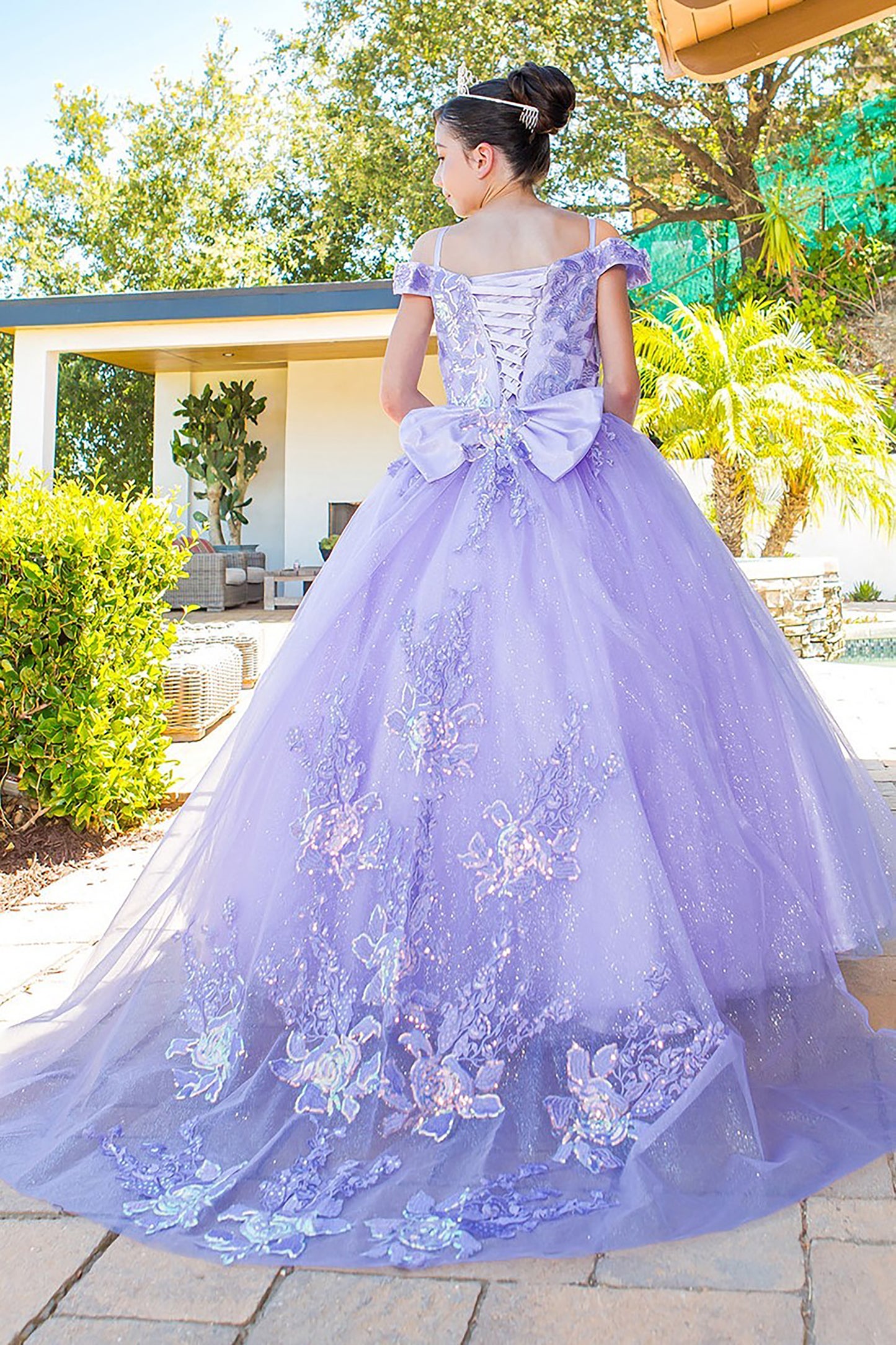 Mini Quince | Lilac Off-Shoulder Top with 3D Floral Accents & Puffy Tulle Skirt with Long Train | Freya dress | 3 Colors Available back