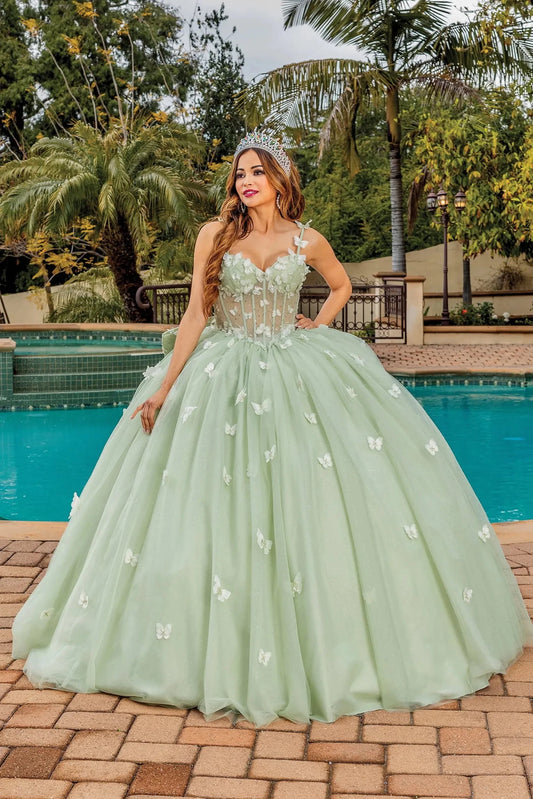 Front view of a Sage quinceañera gown with corset bodice, floral appliqués, and voluminous full skirt