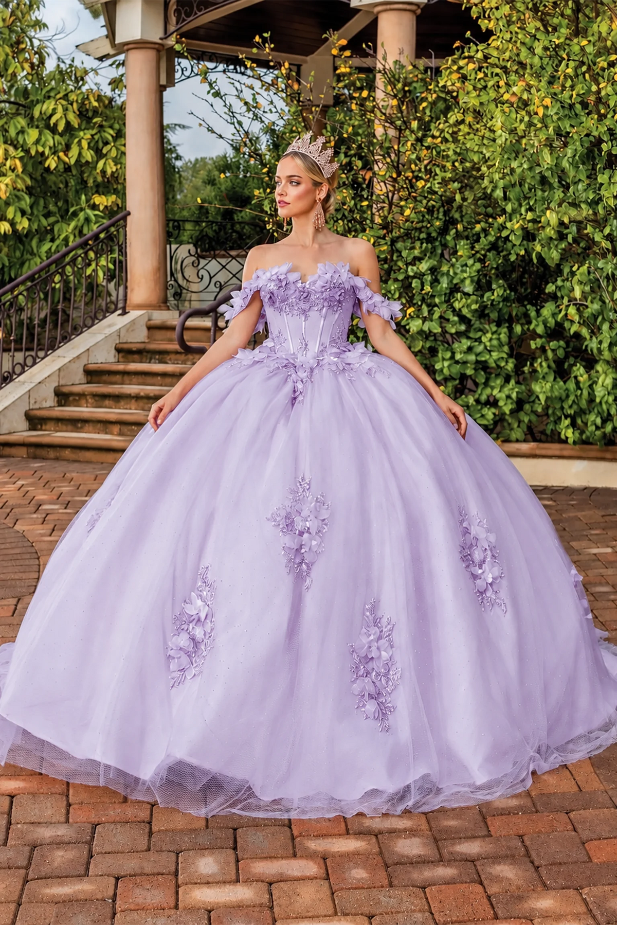 Front view of a Lilac quinceañera gown with off-the-shoulder neckline and floral appliqués