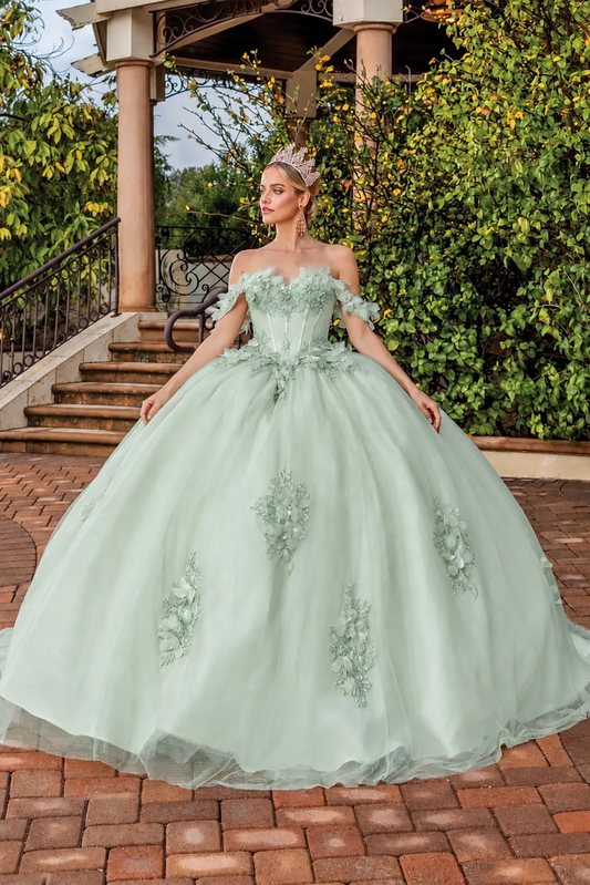 Front view of a Sage quinceañera gown with off-the-shoulder neckline and floral appliqués