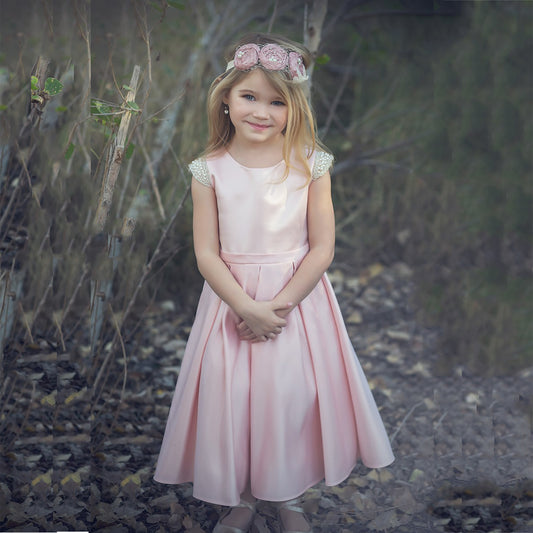 Blush Flower Girl Beaded Short Sleeves Dull Satin dress with Detachable Pearl Sash - girl wearing dress and flower headband