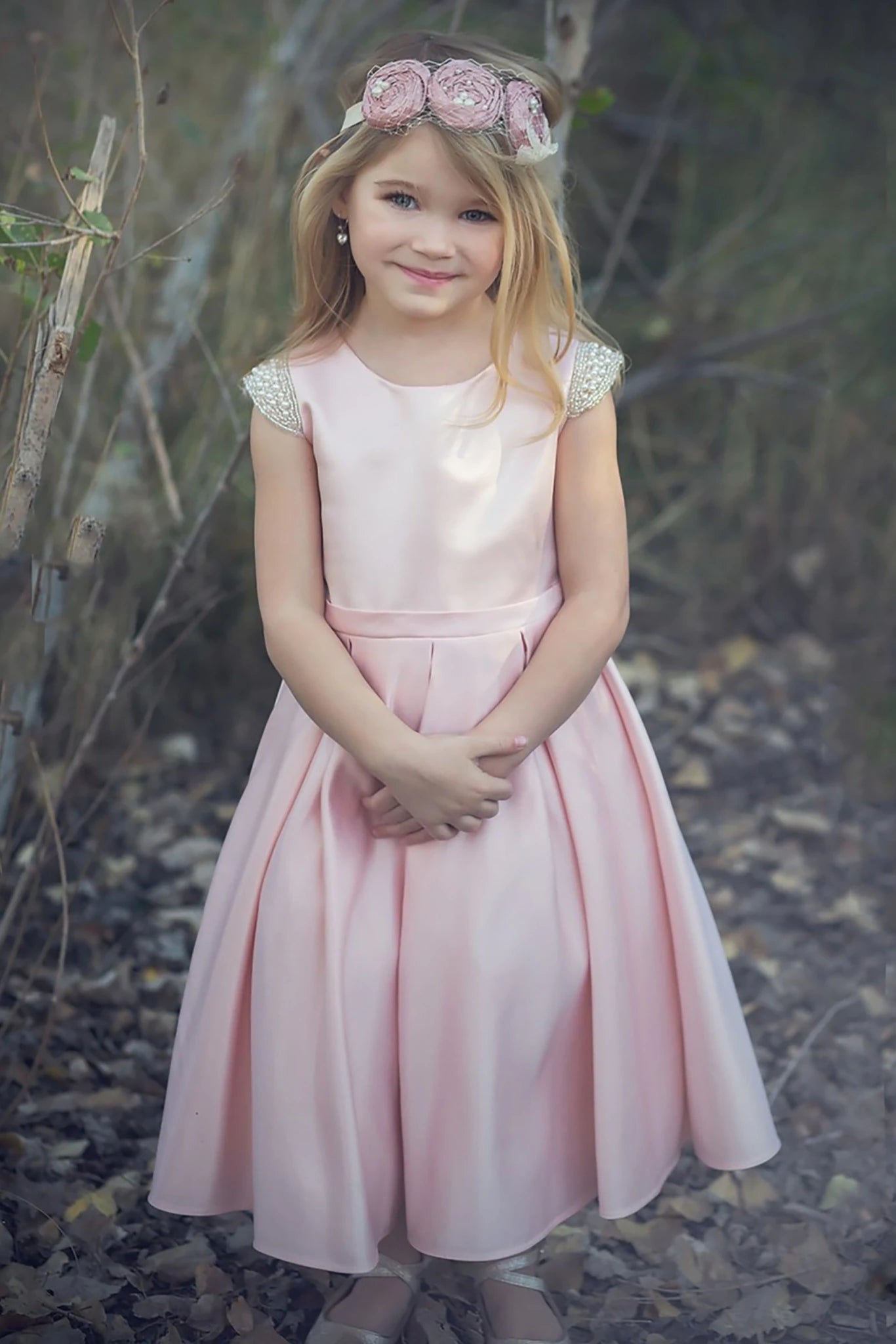 Blush Full Satin Kids Dress with Detachable Pearl Sash 4 / Blush / Only Dress
